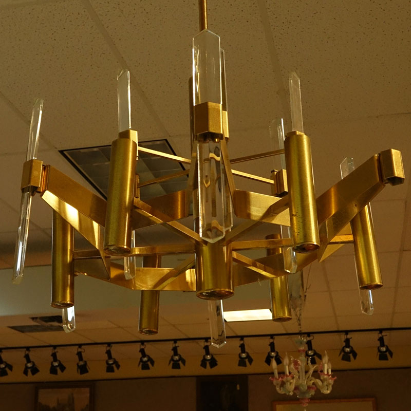 Mid 20th Century Sciolari Brass and Crystal Six Light Chandelier