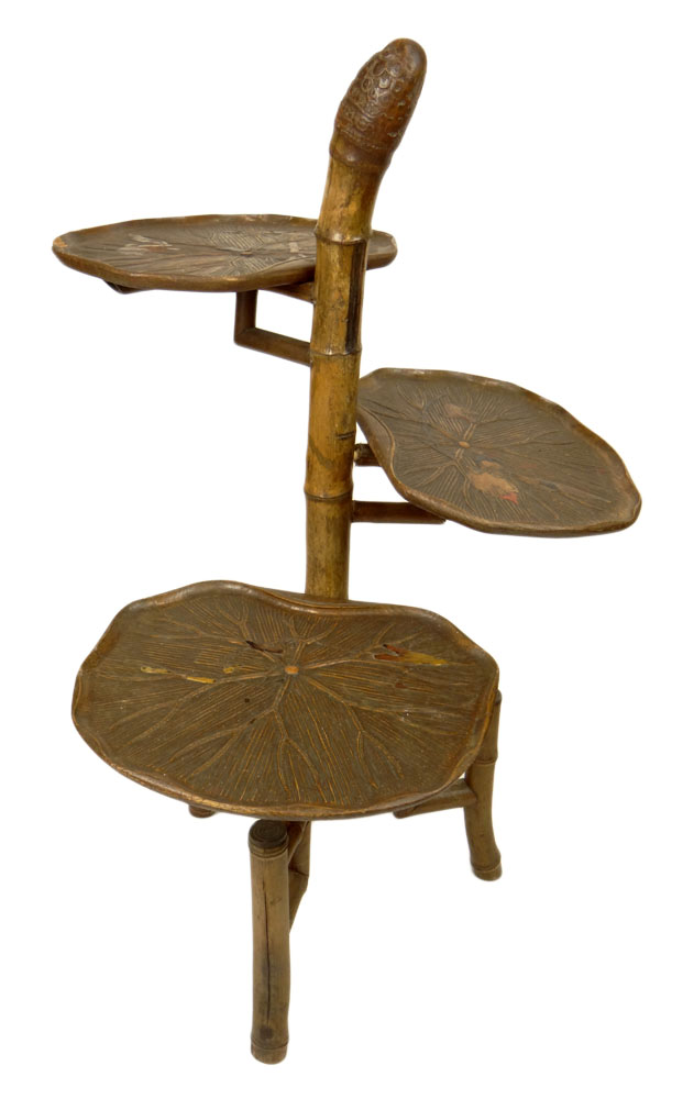 Early 20th Century Bamboo Étagère with Carved Wood Lily Pad Shelves with Traces of Lacquer