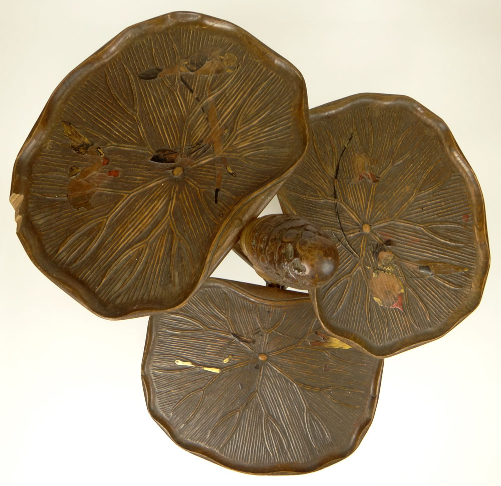 Early 20th Century Bamboo Étagère with Carved Wood Lily Pad Shelves with Traces of Lacquer