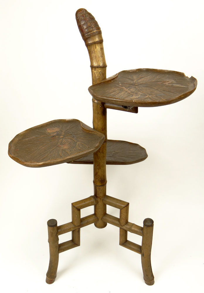 Early 20th Century Bamboo Étagère with Carved Wood Lily Pad Shelves with Traces of Lacquer