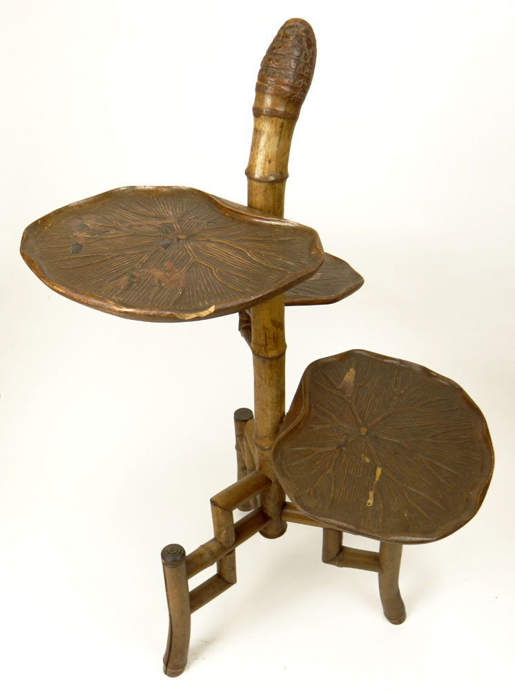 Early 20th Century Bamboo Étagère with Carved Wood Lily Pad Shelves with Traces of Lacquer