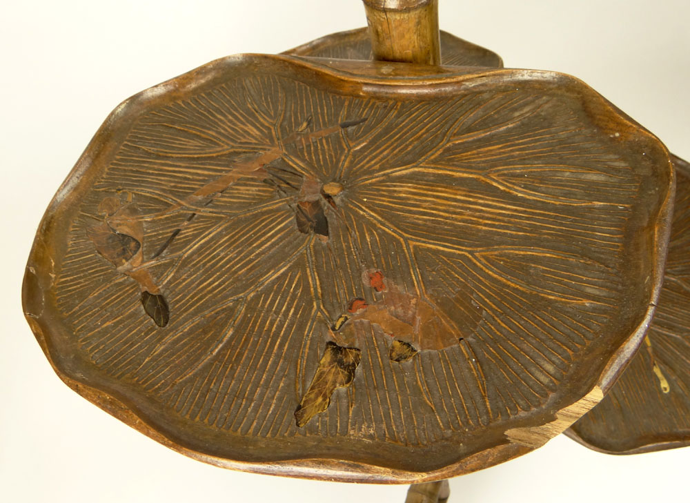 Early 20th Century Bamboo Étagère with Carved Wood Lily Pad Shelves with Traces of Lacquer