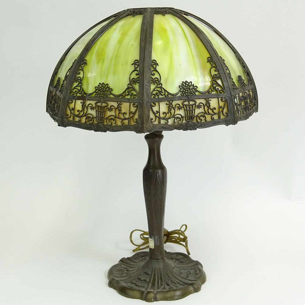 Antique Green Slag Glass Table Lamp with Metal Overlay and Bronze Base