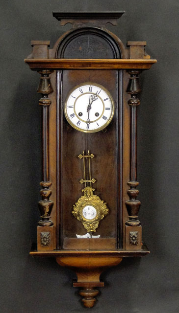 19th Century Vienna Regulator Rosewood Wall Clock with Porcelain Dial and Ornate Gilt Metal Pendulum