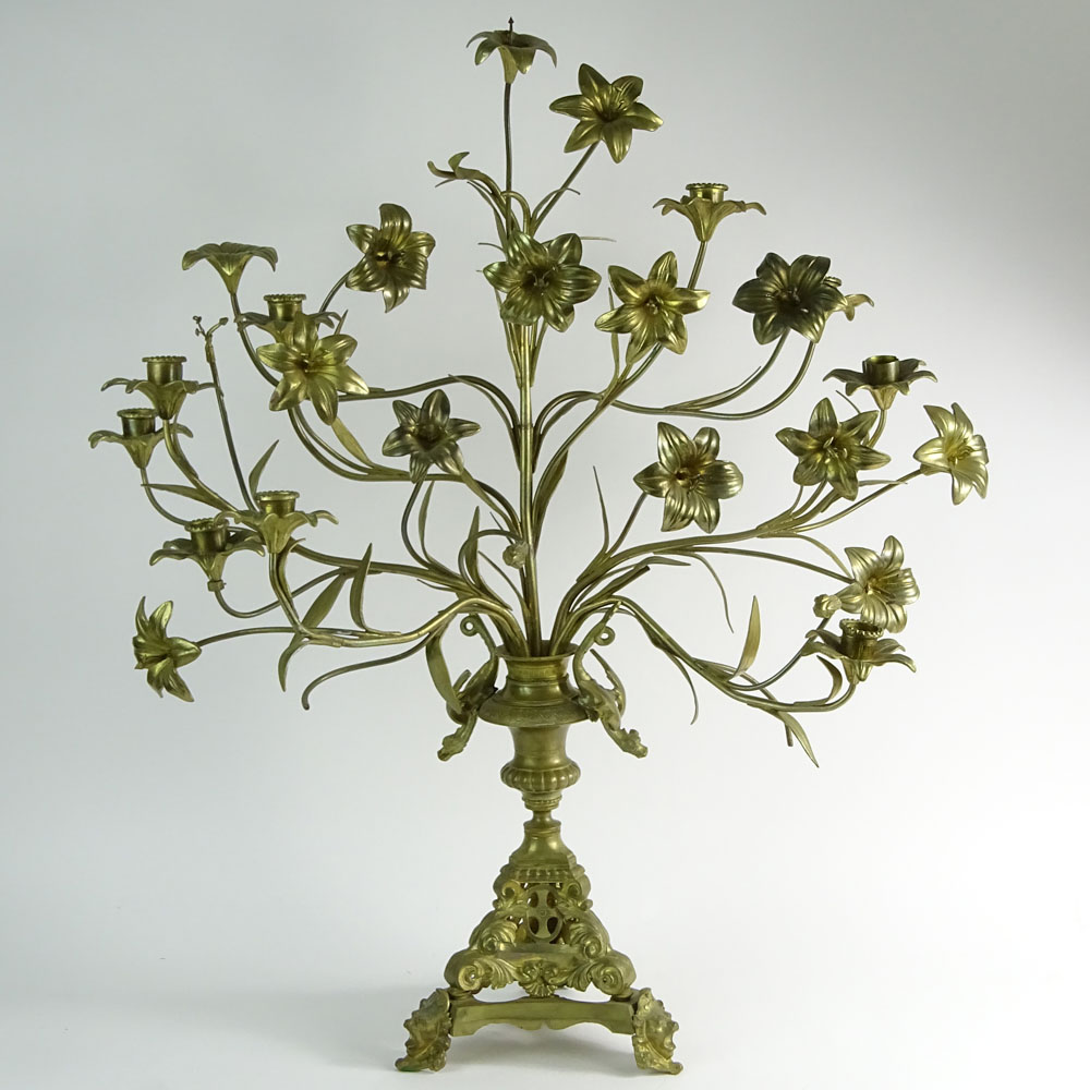 Large Single Gilt Bronze Floral and Figural Candelabra