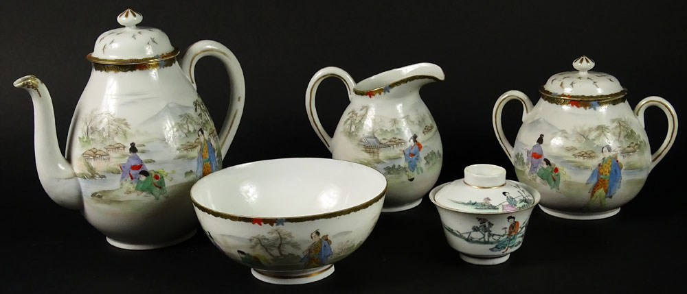 Vintage Four (4) Piece Hand Painted Japanese Porcelain Tea Set With Associated Vintage Chinese Covered Rice Bowl