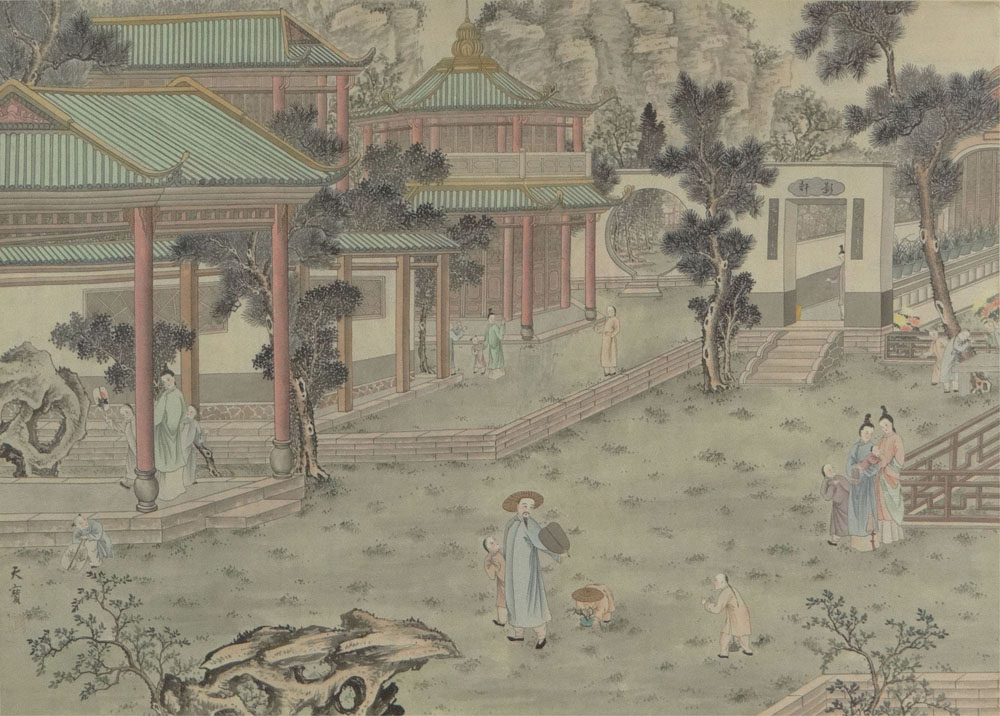 20th Century Chinese Ink and Wash on Silk "Garden Landscape" Signed Lower Left