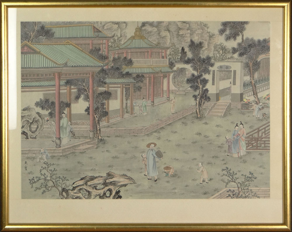 20th Century Chinese Ink and Wash on Silk "Garden Landscape" Signed Lower Left