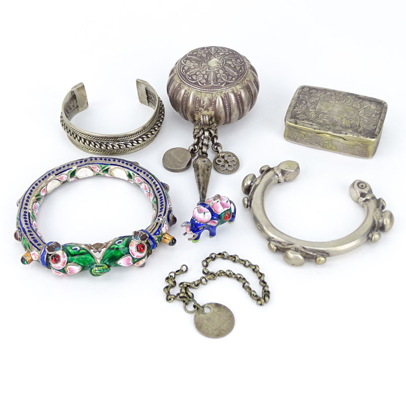 Seven (7) Piece Silver Lot Including: Enamel Bangle Bracelet with Elephant Heads and 'jewels'; Enamel Elephant Pendant; Two (2) Cuff Bangles; Two (2) Boxes and One (1) Chain Section with pendant