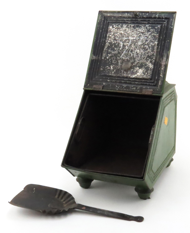 Antique Painted Metal Coal Scuttle With Shovel