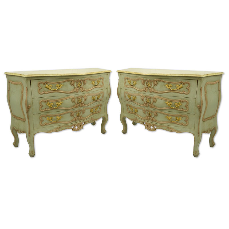 Pair of Louis XV Style Bronze Mounted Hand Painted Bombe 3 Drawer Commodes