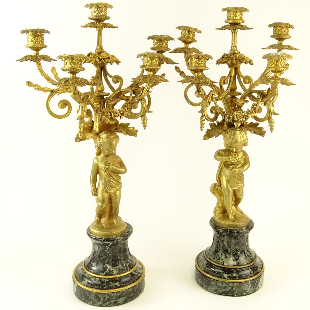 Early 20th Century Gilt Bronze and Serpentine Marble Five Light Candelabra