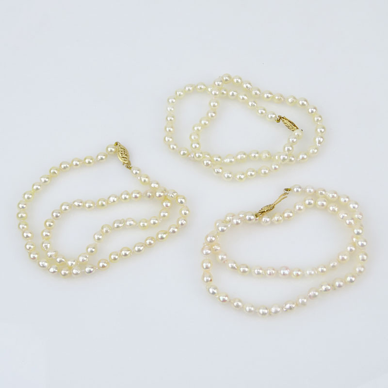 Three (3) Pearl Choker Necklaces With 14K Gold Clasps