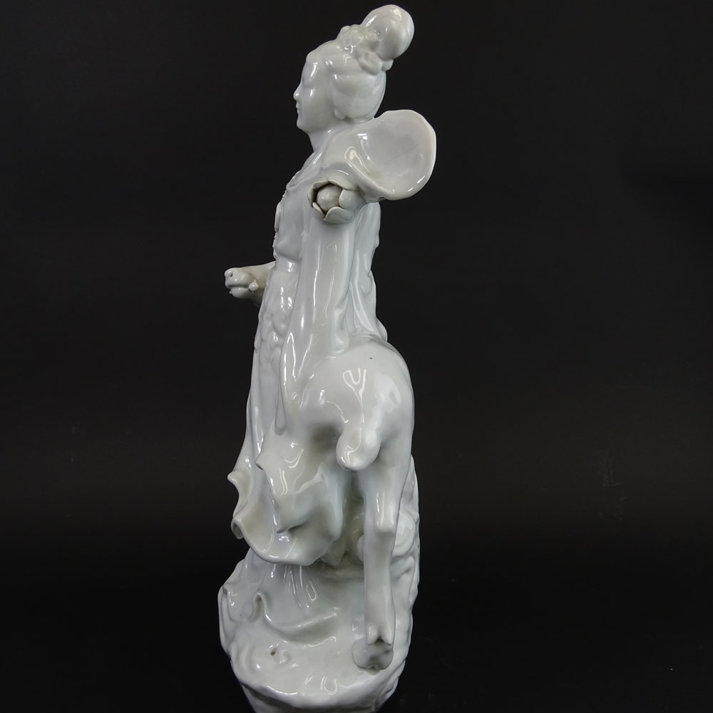 Large Mid Century Chinese Blanc Du Chine Lady With Deer Group