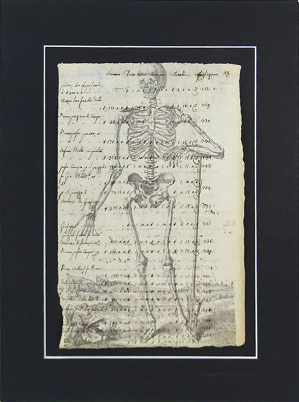 Three (3) 18th Century Manuscript Pages Decorated with Later Engravings "Skeleton"