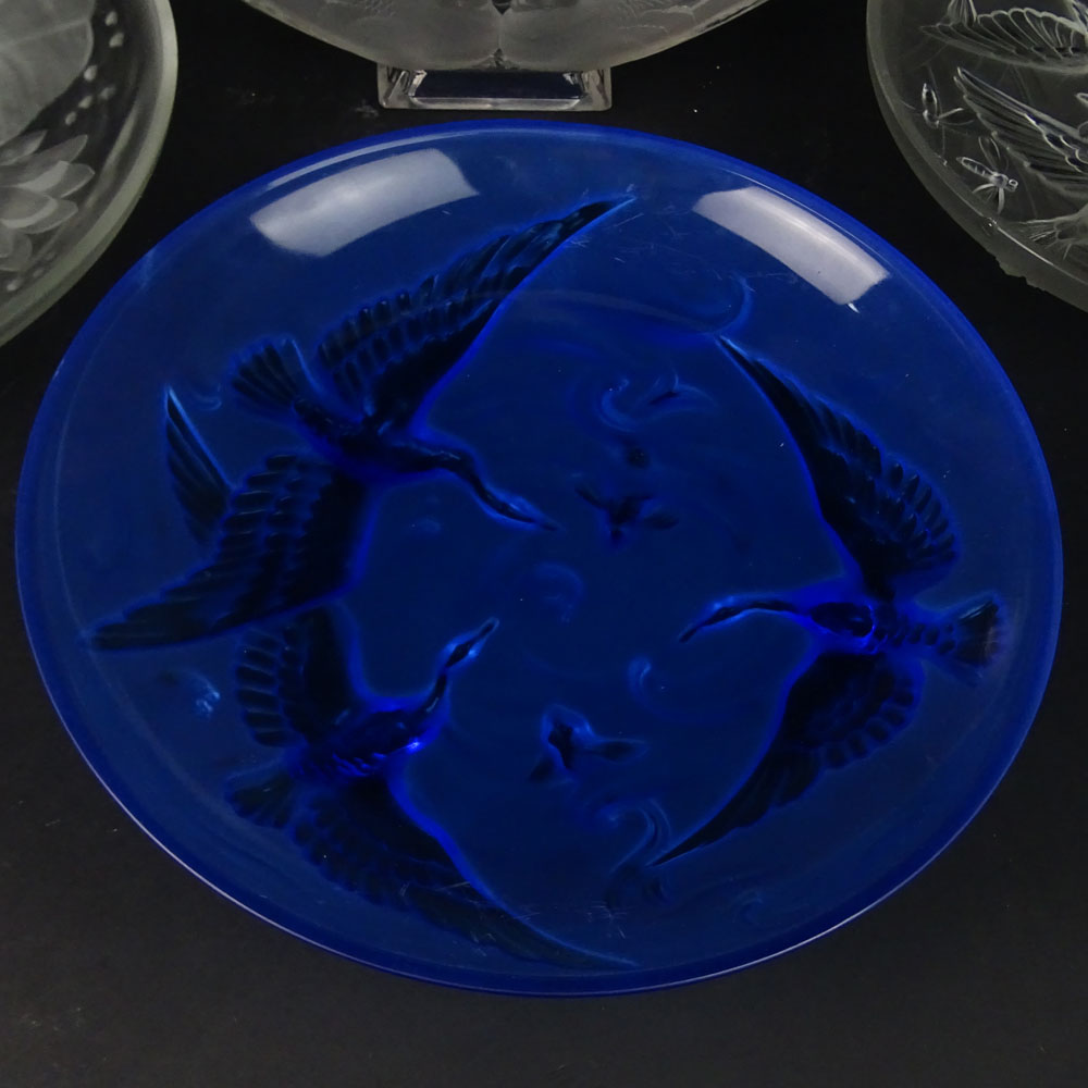 Lot of Four (4) Verlys Glass Item Including a deep blue Cormorant & Koi Charger, unsigned, 13-1/2", light scratches; frosted glass Lotus Charger, unsigned, 13-3/4", scratches and small chips; Frosted Bird & Bee Charger, signed, 11-5/8" Chip on edge; Love 