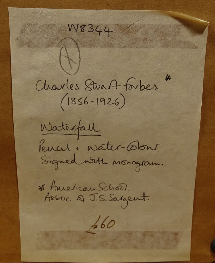 Charles Stuart Forbes, American (1856 - 1926) Watercolor "Waterfall" Signed Lower Right CF Monogram
