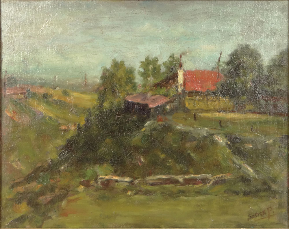 20th Century Continental School Oil on Board "Landscape with Barn" Possibly Russian