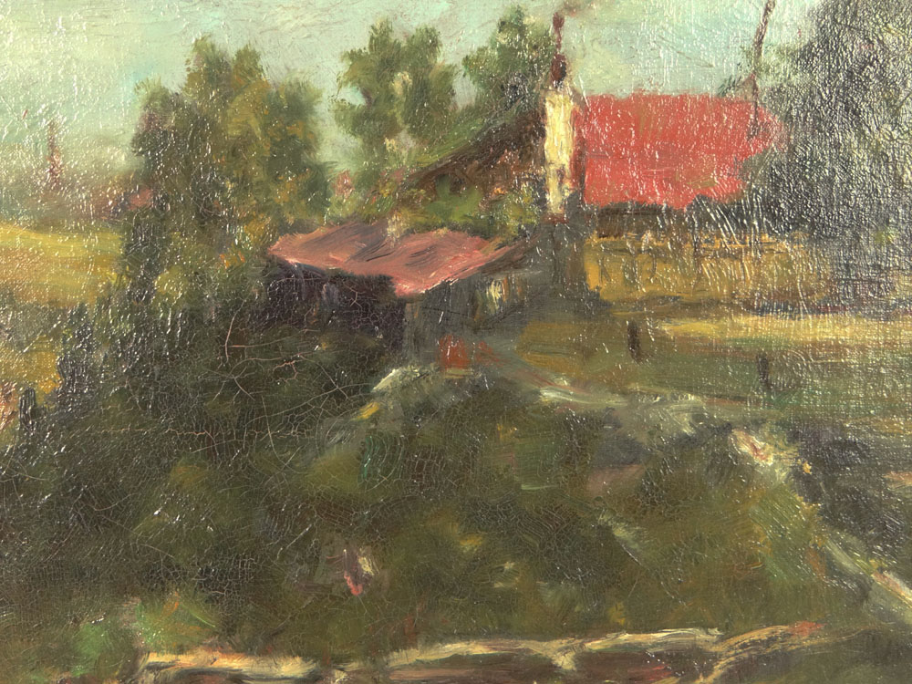 20th Century Continental School Oil on Board "Landscape with Barn" Possibly Russian