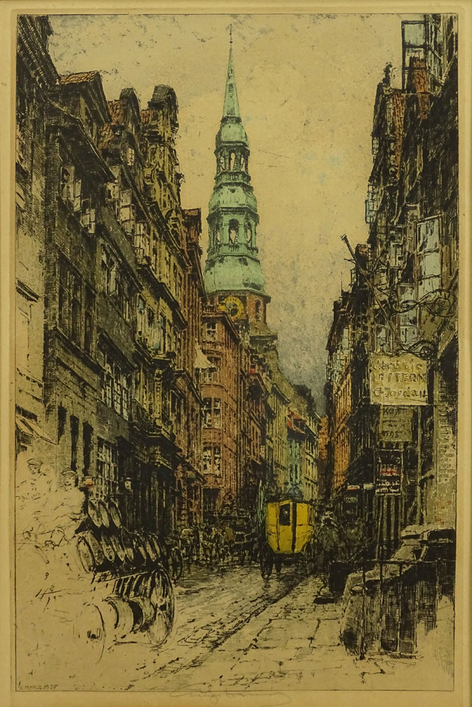 Luigi Kasimir, Austrian (1881-1962) Color Etching "Vienna Street, 1927) Signed in Pencil Lower Center