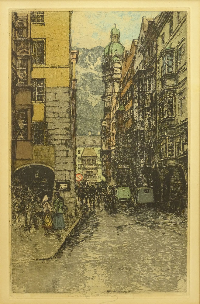 Luigi Kasimir, Austrian (1881-1962) Color Etching "Austrian Street" Signed in Pencil Lower Center