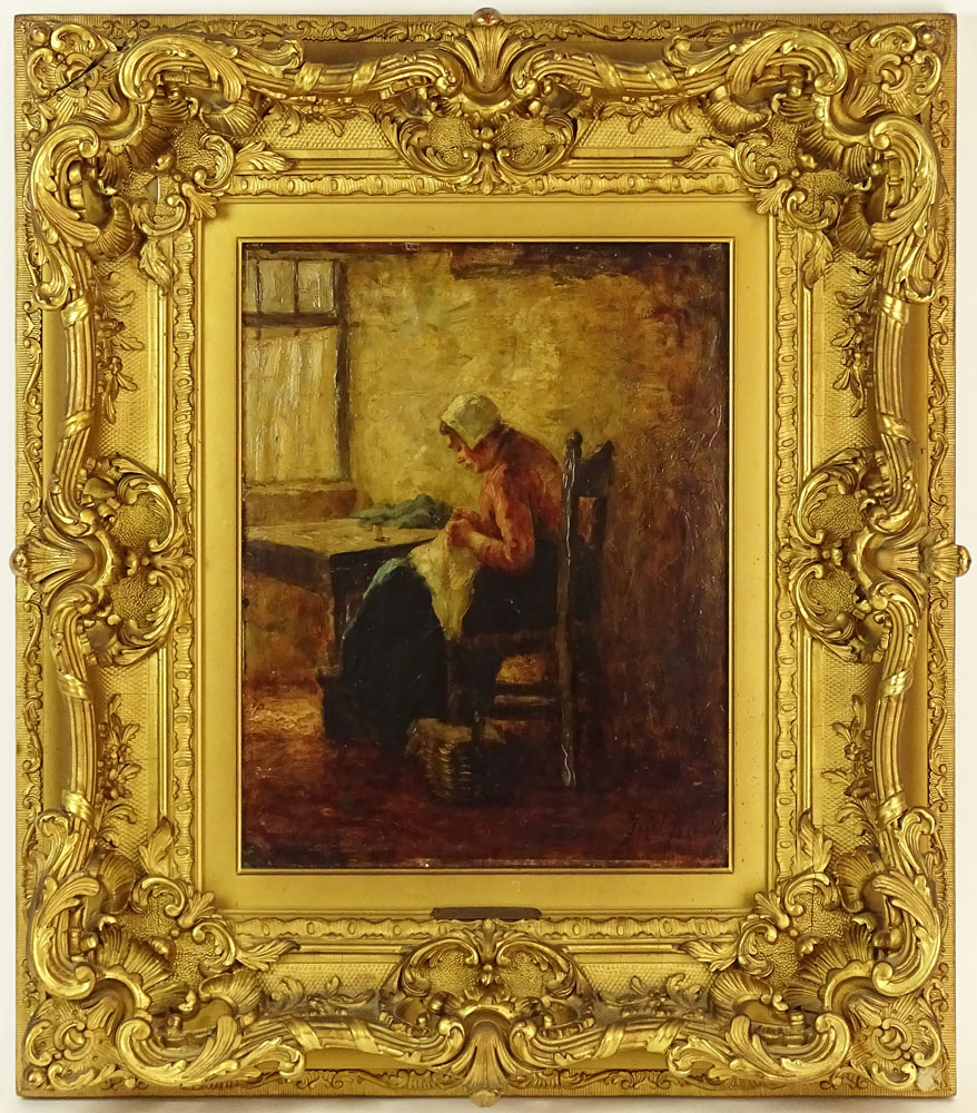 Jozef Israëls, Dutch (1824-1911) Oil on Board "Mending". Signed Lower Right J. Israels.