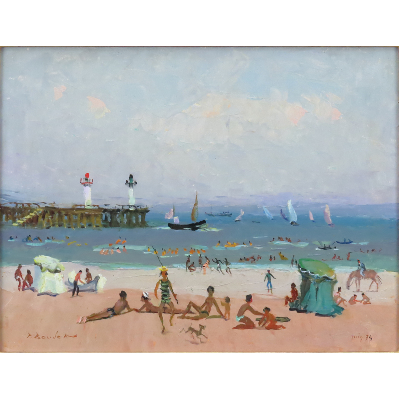 Pierre Boudet, French (1925-2010) Oil on board "Plage de ___, Deauville" Signed lower left, inscribed and dated '74 by the artist en verso. 