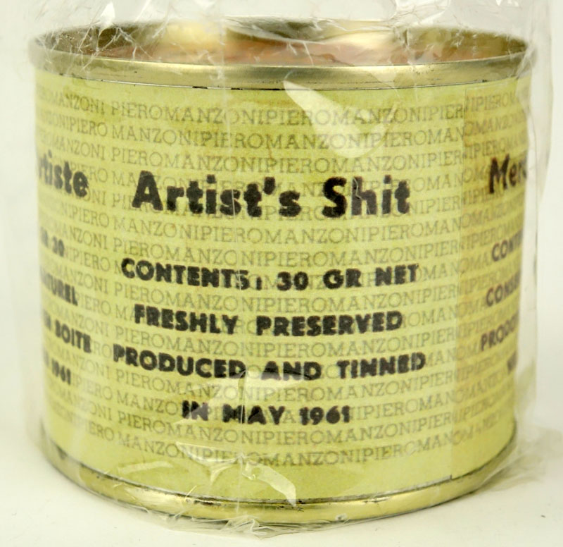 After Piero Manzoni, Italian (1933 - 1963) Tin can and Printed paper, in cellophane bag with thumbprint "Merda d'Arista - Artist's Shit".