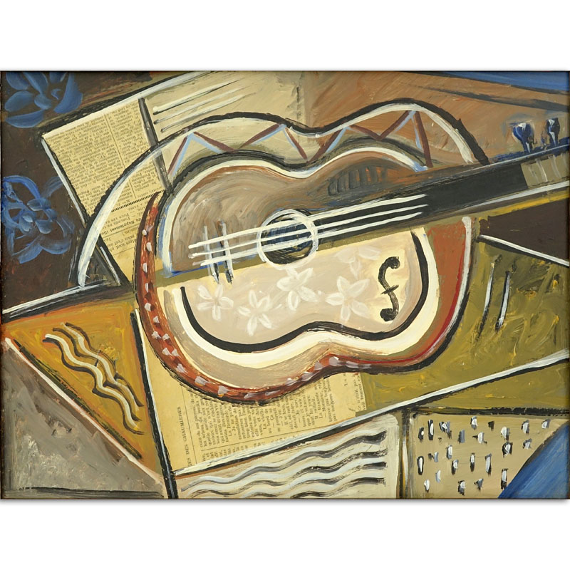 1930's French School oil/collage on Masonite "Still Life With Guitar". 