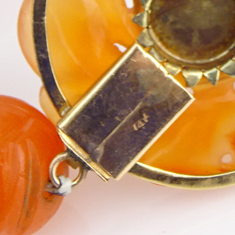 Art Deco Carved Carnelian, Rock Crystal, Chrysoprase and 14 Karat Yellow Gold Necklace.