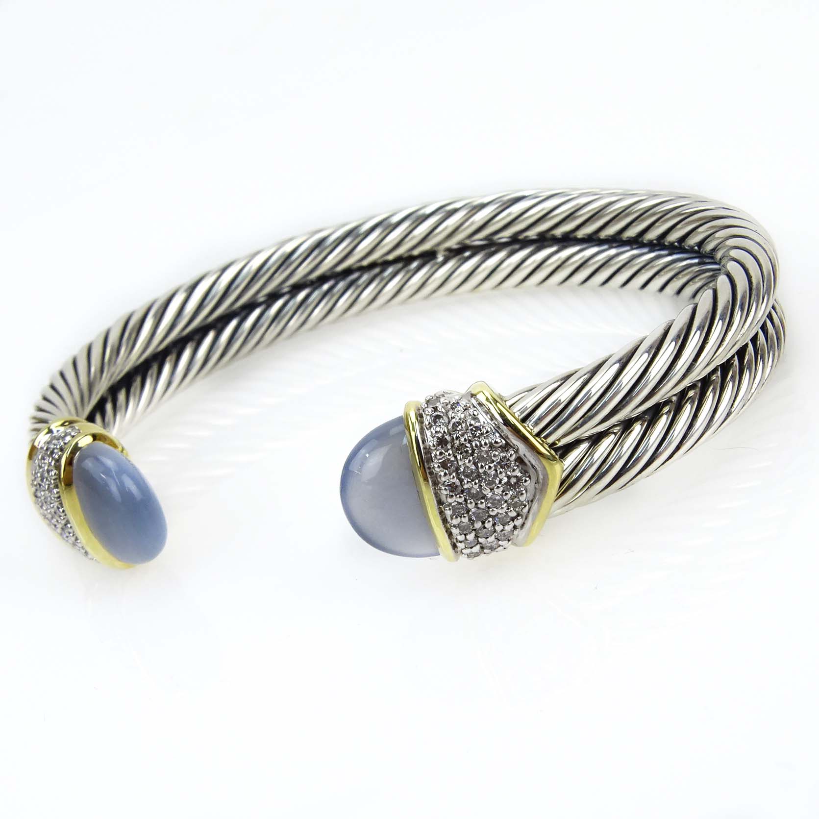 David Yurman Diamond, Chalcedony, Sterling Silver and 18 Karat Yellow Gold Double Cable Cuff Bangle Bracelet.