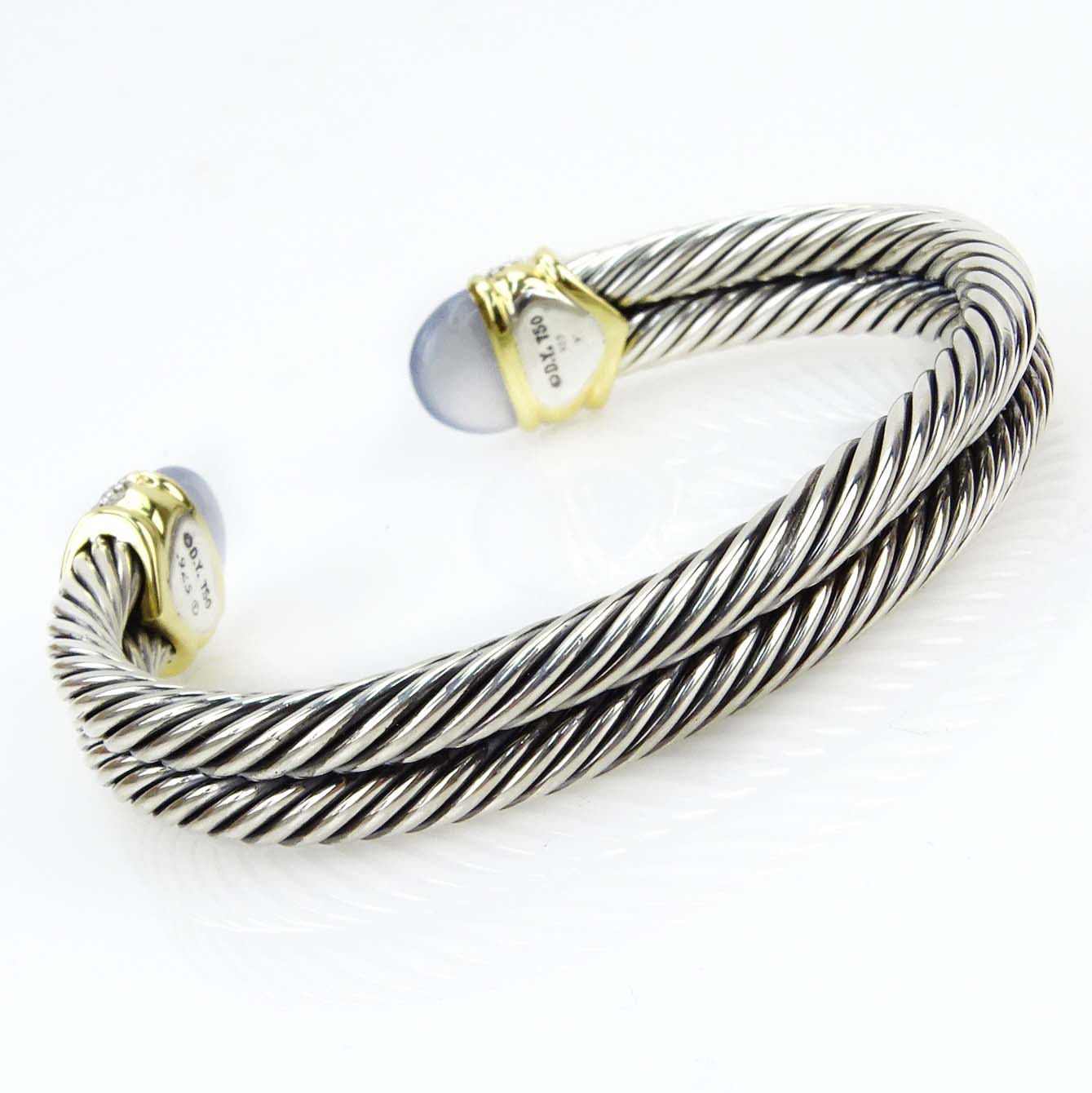 David Yurman Diamond, Chalcedony, Sterling Silver and 18 Karat Yellow Gold Double Cable Cuff Bangle Bracelet.