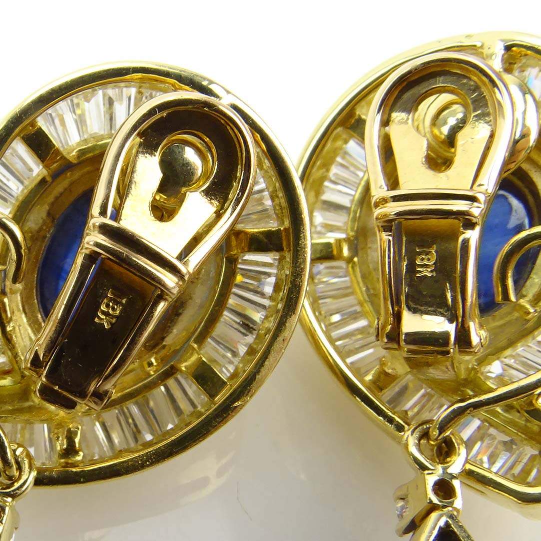Vintage Large Pear Shape Sapphire, Cabochon Star Sapphire, Baguette Cut Diamond and 18 Karat Yellow Gold Detachable Pendant Earrings.