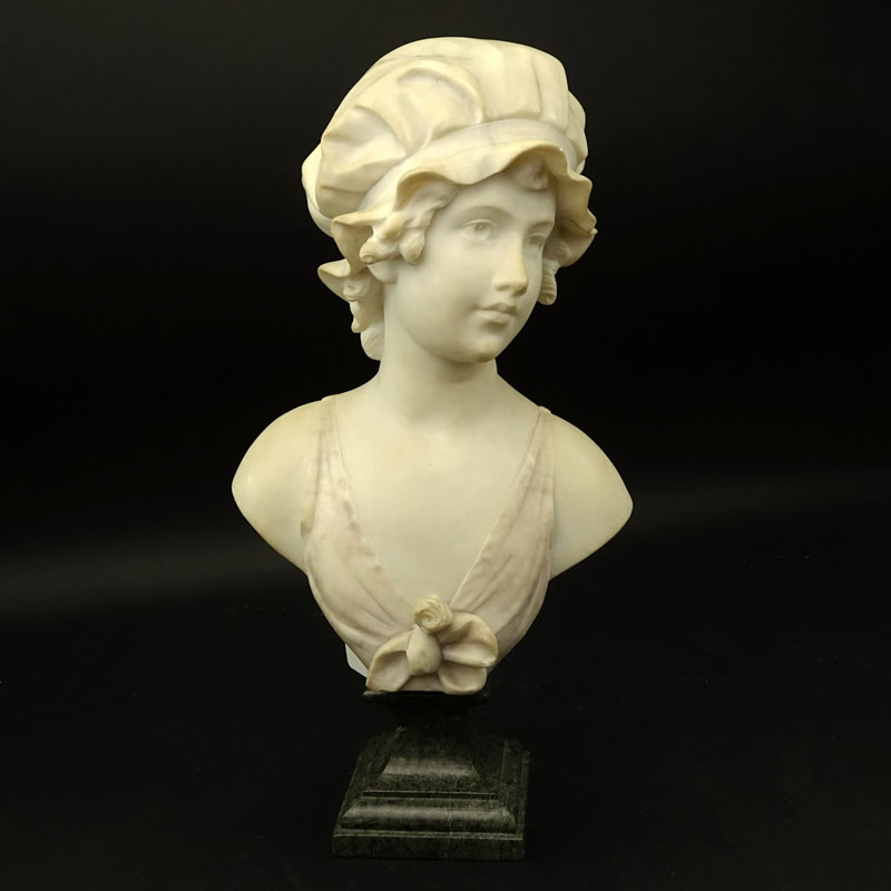 Adolfo Cipriani, Italian (act. 1880-1930) "Fanciulla con Cappello" Carved Marble Bust on Green Marble Base.