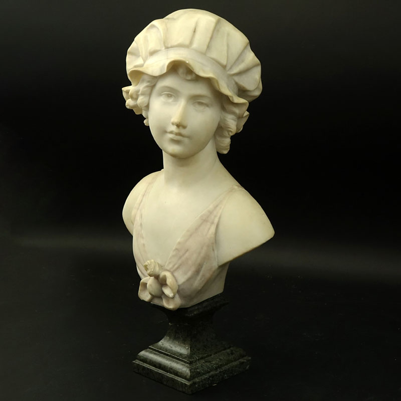 Adolfo Cipriani, Italian (act. 1880-1930) "Fanciulla con Cappello" Carved Marble Bust on Green Marble Base.