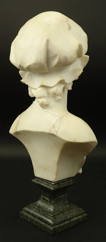 Adolfo Cipriani, Italian (act. 1880-1930) "Fanciulla con Cappello" Carved Marble Bust on Green Marble Base.