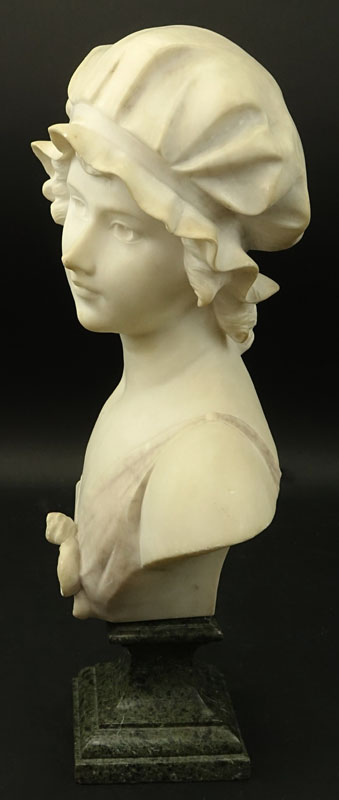 Adolfo Cipriani, Italian (act. 1880-1930) "Fanciulla con Cappello" Carved Marble Bust on Green Marble Base.