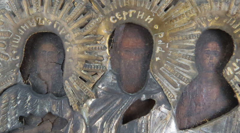 19th Century or Earlier Russian Hand Painted Icon With Silver Plate Overlay On Cradled Panel.
