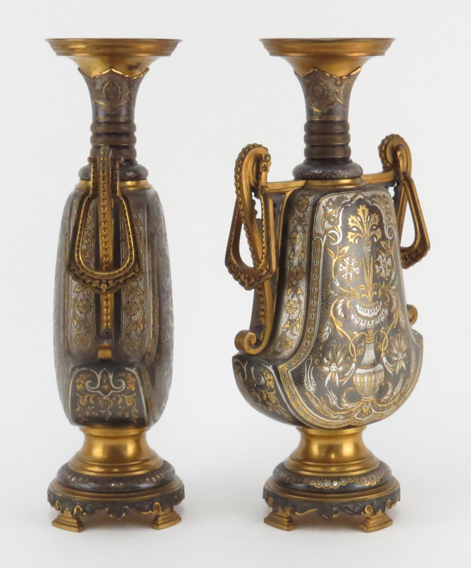 Pair 19th Century French Bronze Niello Urns.