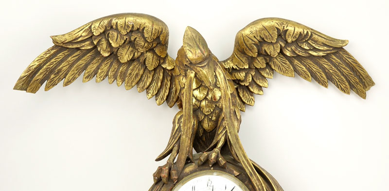 18/19th Century Continental Carved Gilt Wood Eagle Wall Clock. Pendant & Key Included.