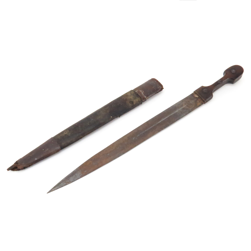 Possibly 19th Century Persian Kindjal Dagger With Wood Handle And Leather Sheath.