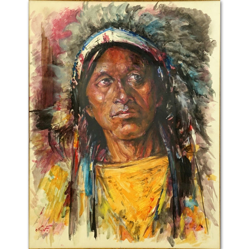 Attributed to: Nikolai Fechin, Russian (1881-1955) Watercolor on Paper, Portrait of Native American. Artist monogram N.F. lower left. 
