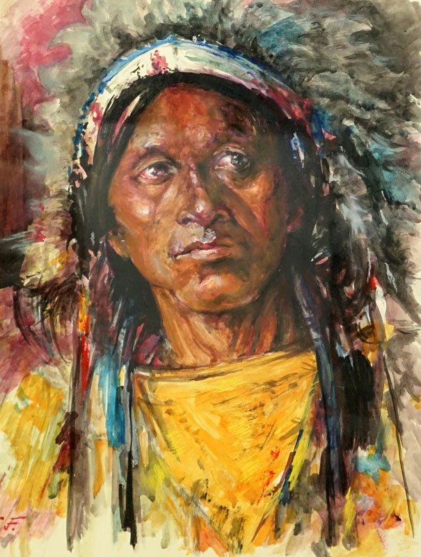 Attributed to: Nikolai Fechin, Russian (1881-1955) Watercolor on Paper, Portrait of Native American. Artist monogram N.F. lower left. 