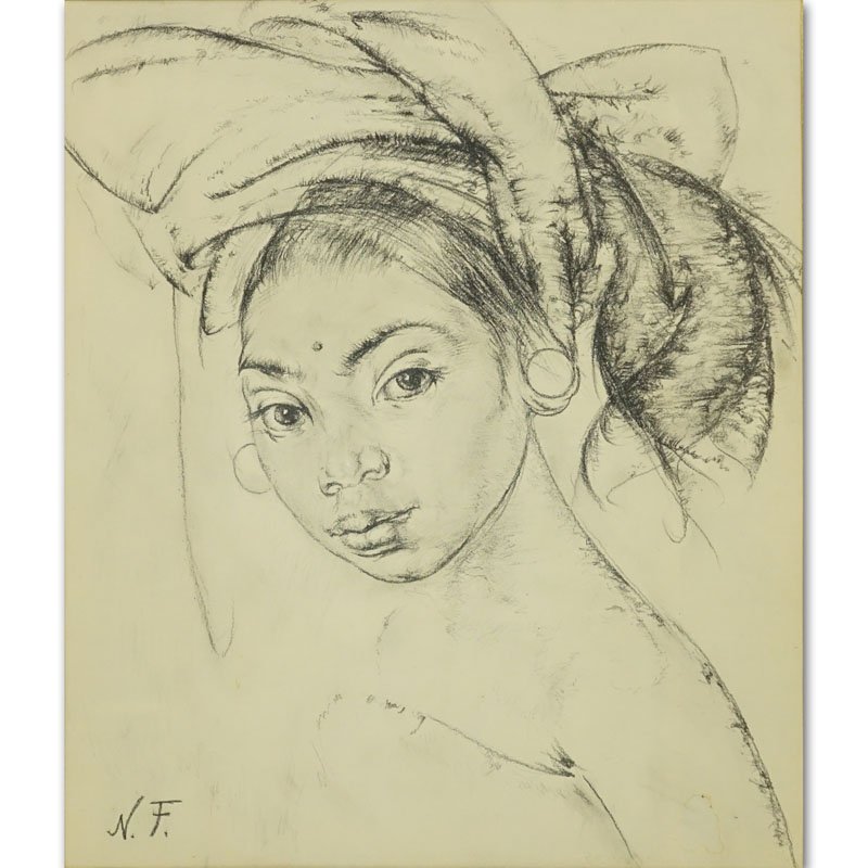 Attributed to: Nikolai Fechin, Russian (1881-1955) Charcoal on Paper, Portrait of Woman.