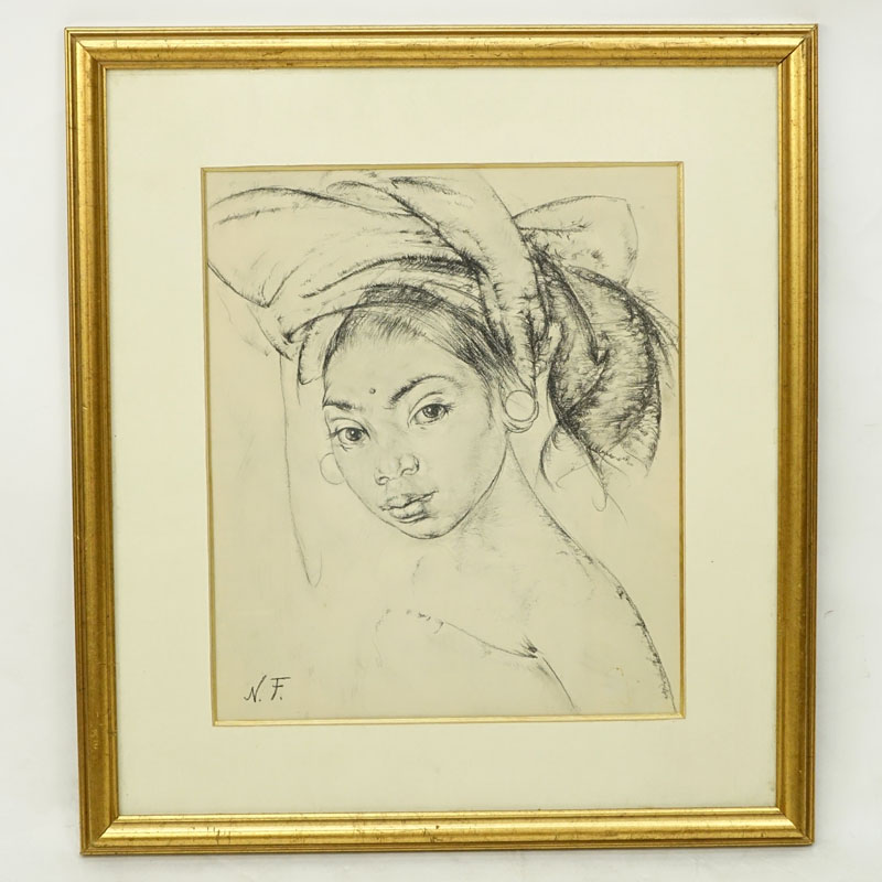 Attributed to: Nikolai Fechin, Russian (1881-1955) Charcoal on Paper, Portrait of Woman.