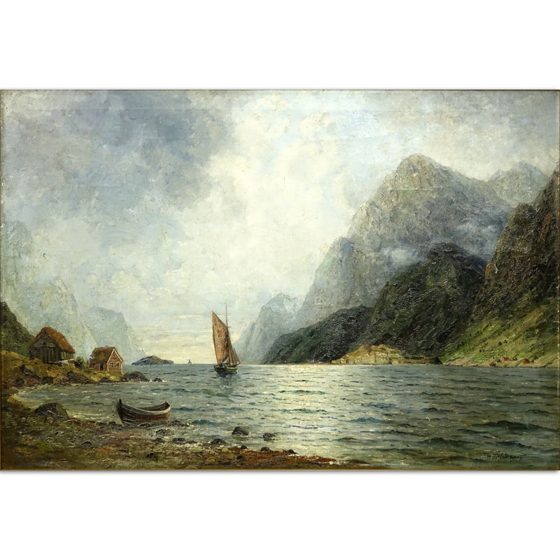 Nikolai Nikanorovich Dubovskoy, Russian (1859-1918) Oil on canvas "Sail Boat Through The Mountains" 