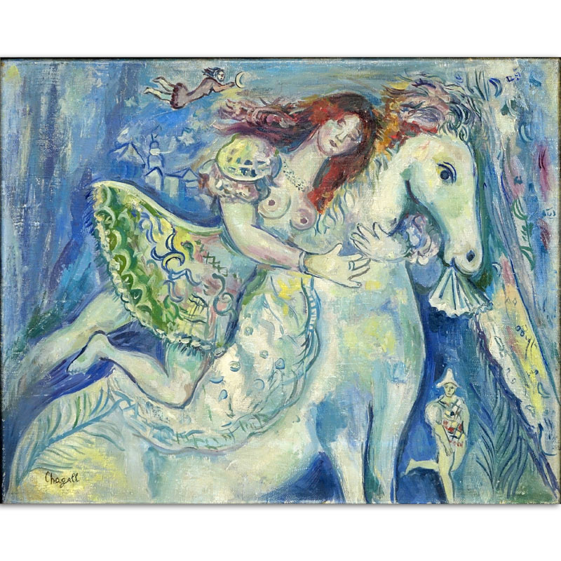 After: Marc Chagall, French/Russian (1887-1985) "Danseuse au Cirque" Oil on Canvas Signed Lower Left. 