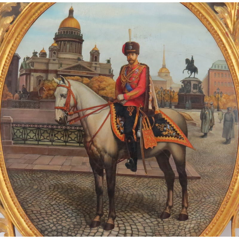 Attributed to: Aleksander Makovskij, Russian (1869-1924) "Emperor Nicholas II" Oil on Panel Centered in Giltwood Frame with Russian Coat of Arms Relief. 