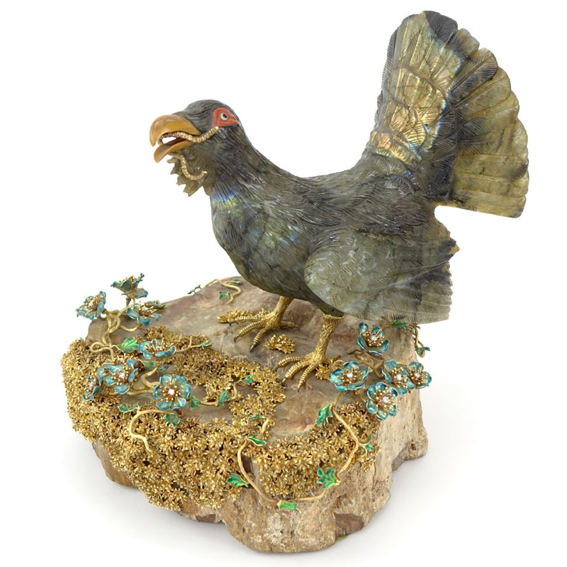 Attributed to: Manfred Wild, Idar-Oberstein, Germany Important Vintage Masterwork 18 Karat Yellow Gold, Diamond and Enamel Mounted Carved Labradorite Figural Bird Sculpture.