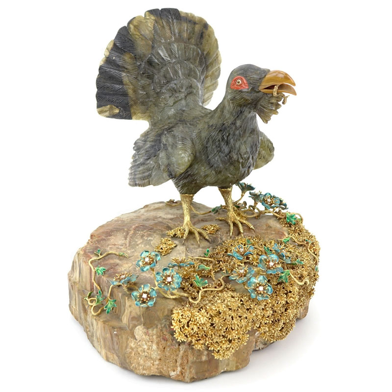 Attributed to: Manfred Wild, Idar-Oberstein, Germany Important Vintage Masterwork 18 Karat Yellow Gold, Diamond and Enamel Mounted Carved Labradorite Figural Bird Sculpture.